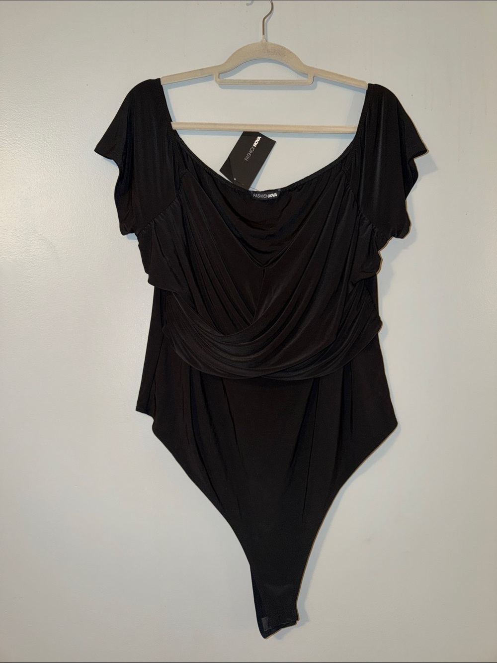 Fashion Nova Black Draped Off-Shoulder Bodysuit with Flutter Sleeves
